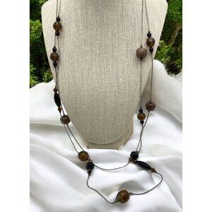 Vintage Long Beaded Strand Necklace Brown Black Faceted Beads Silver Tone